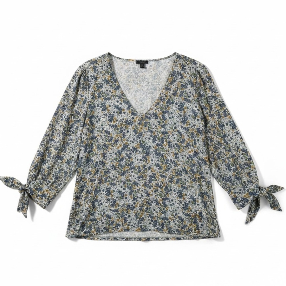 Ann Taylor Shirt Womens Medium Green Blue Floral‎ Tie Cuff V Neck Blouse Boho